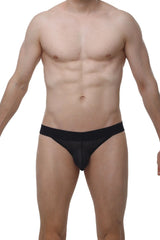 PetitQ Jockstring Macra Black black lace-trimmed briefs with textured sheer fabric and solid waistband front view