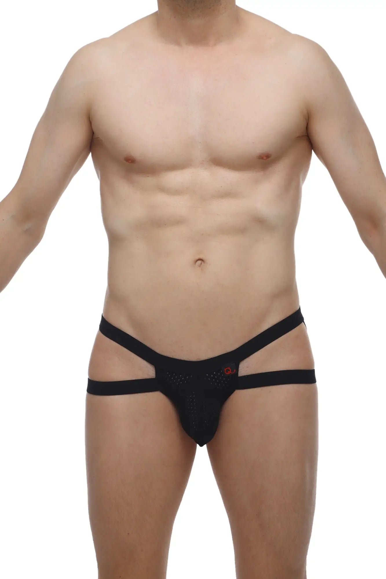 PetitQ jockstring Marcq Bee black mesh briefs with three horizontal straps and a small red logo on the front