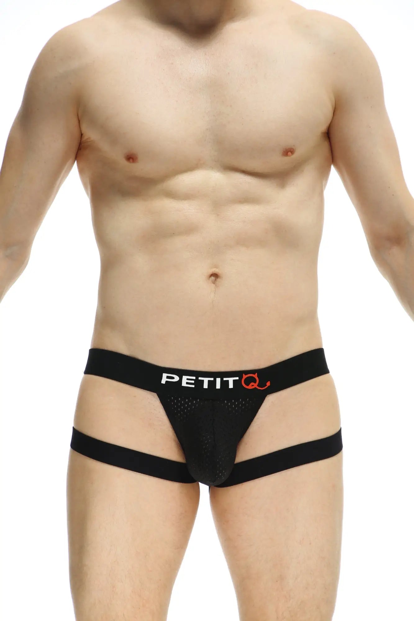 Black petit q jockstring seyre bee men’s briefs with mesh front and side straps for breathable comfort