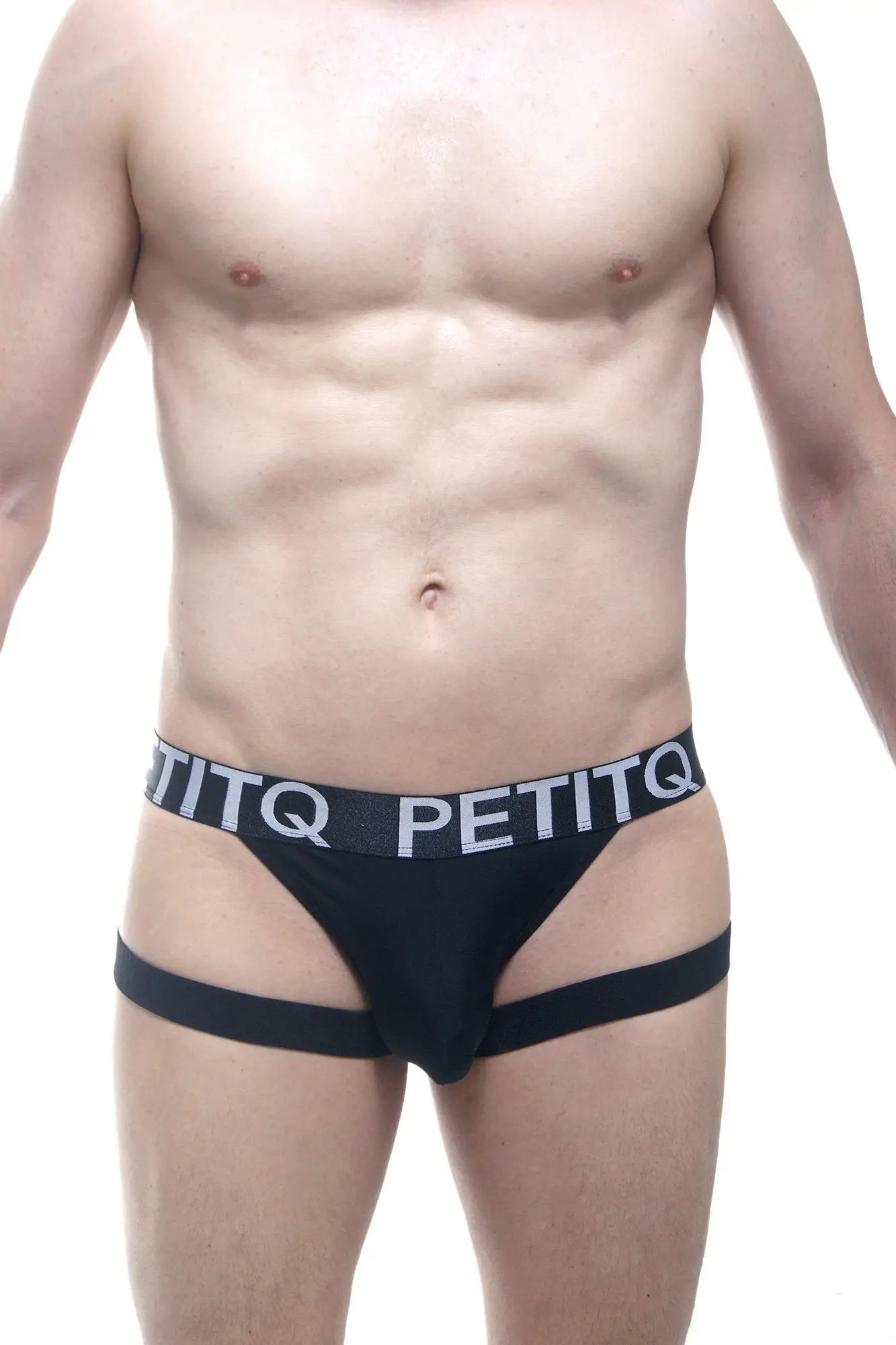 Black petitq jockstring briefs with white logo waistband band designed for comfortable everyday wear