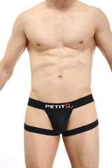 Black petitq jockstring seyre briefs with sleek form-fitting design and distinctive side straps showing front view