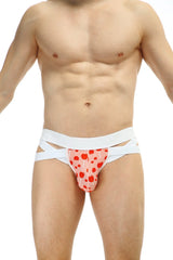 Pink heart-patterned briefs with white crisscross straps petitq jockthong bost sucette front view