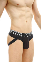 Black petitq jockthong net briefs with white logo band and side straps showing front view