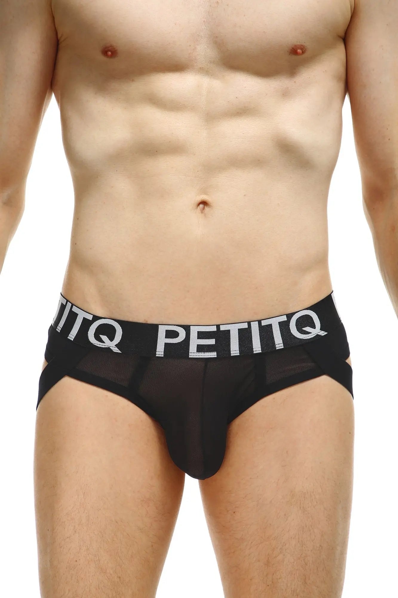 Black mesh petitq jockthong net briefs with bold white logo band designed for stylish comfort and support