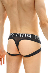 Black mesh briefs with bold white ptitq logo waistband from PetitQ jockthong net black collection