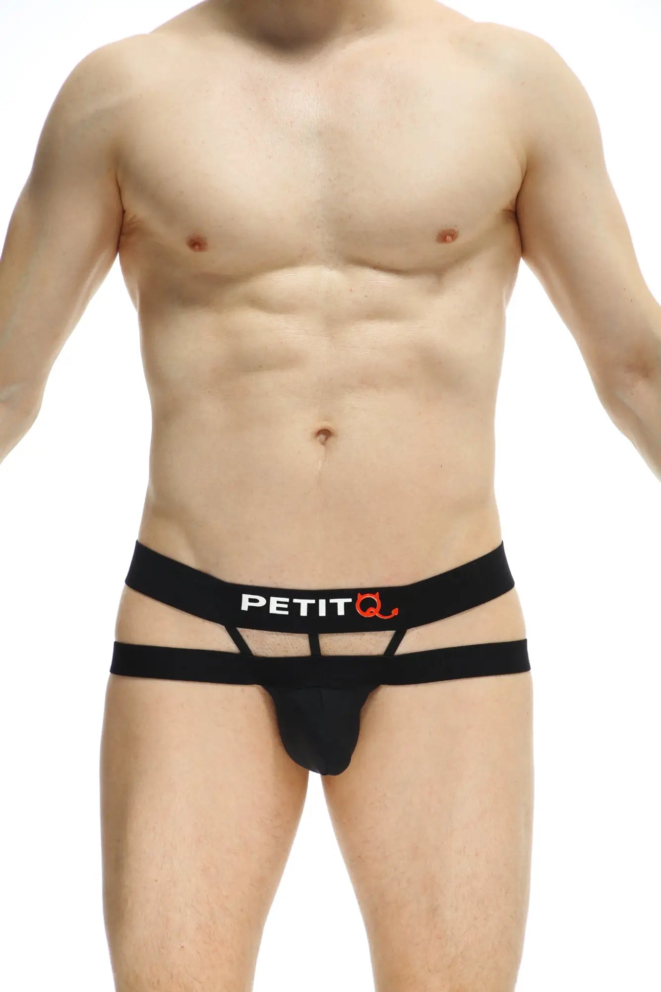 Black petitq jockthong rider bost men’s briefs with two horizontal hip straps and elastic waistband in stretch fabric