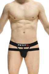 Black petitq jockthong rider bost men’s briefs with two horizontal hip straps and elastic waistband in stretch fabric
