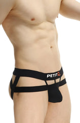 Black petitq jockthong rider bost men’s briefs with crisscross design and supportive contoured pouch