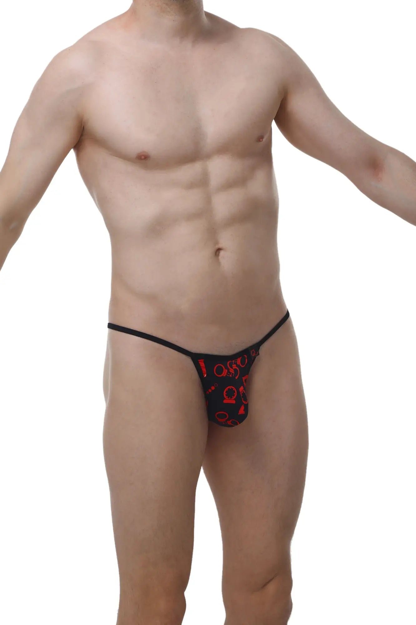 Black thong with red graphic patterns from PetitQ Kini Boudoir featuring bold and stylish intimate wear