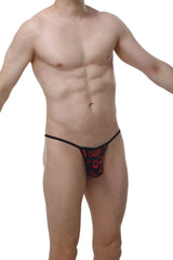 Black thong with red graphic patterns from PetitQ Kini Boudoir featuring bold and stylish intimate wear