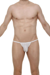 White mesh thong with thin waistband and subtle front branding from Kini Skine white collection