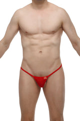 Red thong micro g-string bee red with a small rectangular tag at the center showcasing petite design