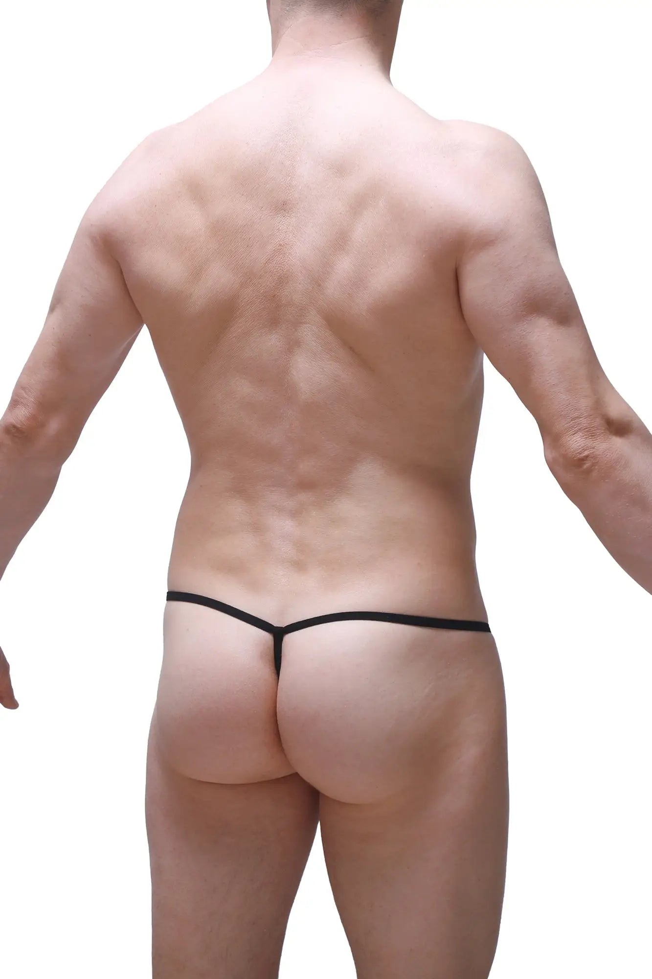 Black petitq micro g-string thong with thin sleek design shown from the back in prussian color