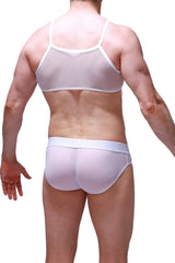 White mesh tank top with thin straps and matching briefs from petitq made of breathable mesh fabric