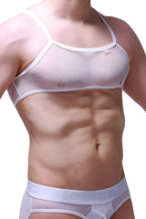 White mesh petitq micro tank top with thin straps and subtle logo on the chest for lightweight layering