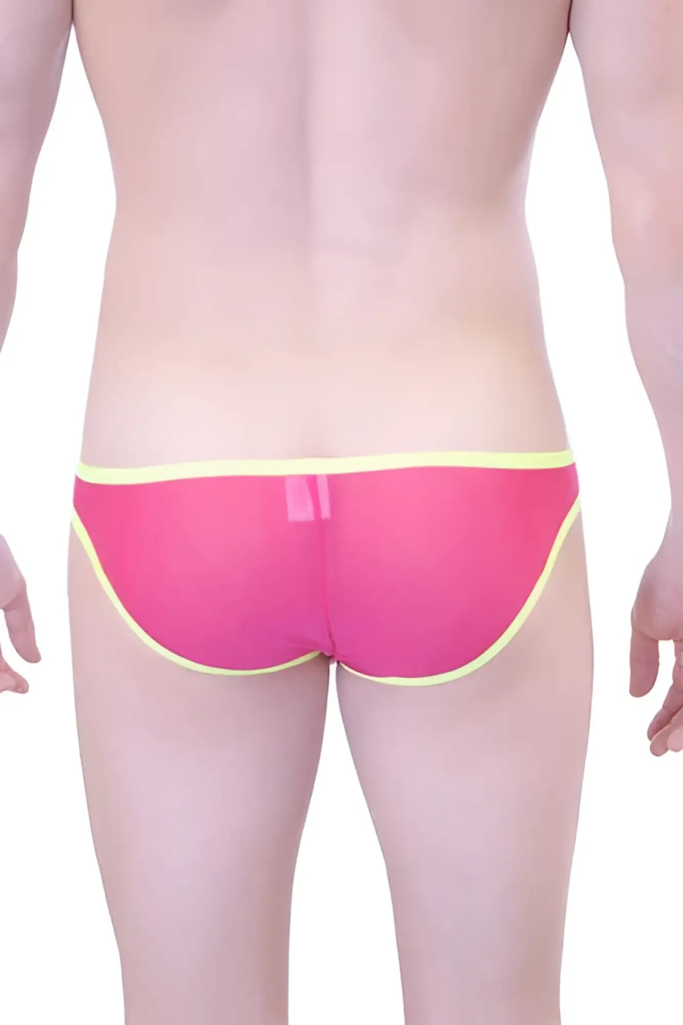 Petit-q big bulge transparent bikini underwear pink mesh briefs with yellow trim size l front view