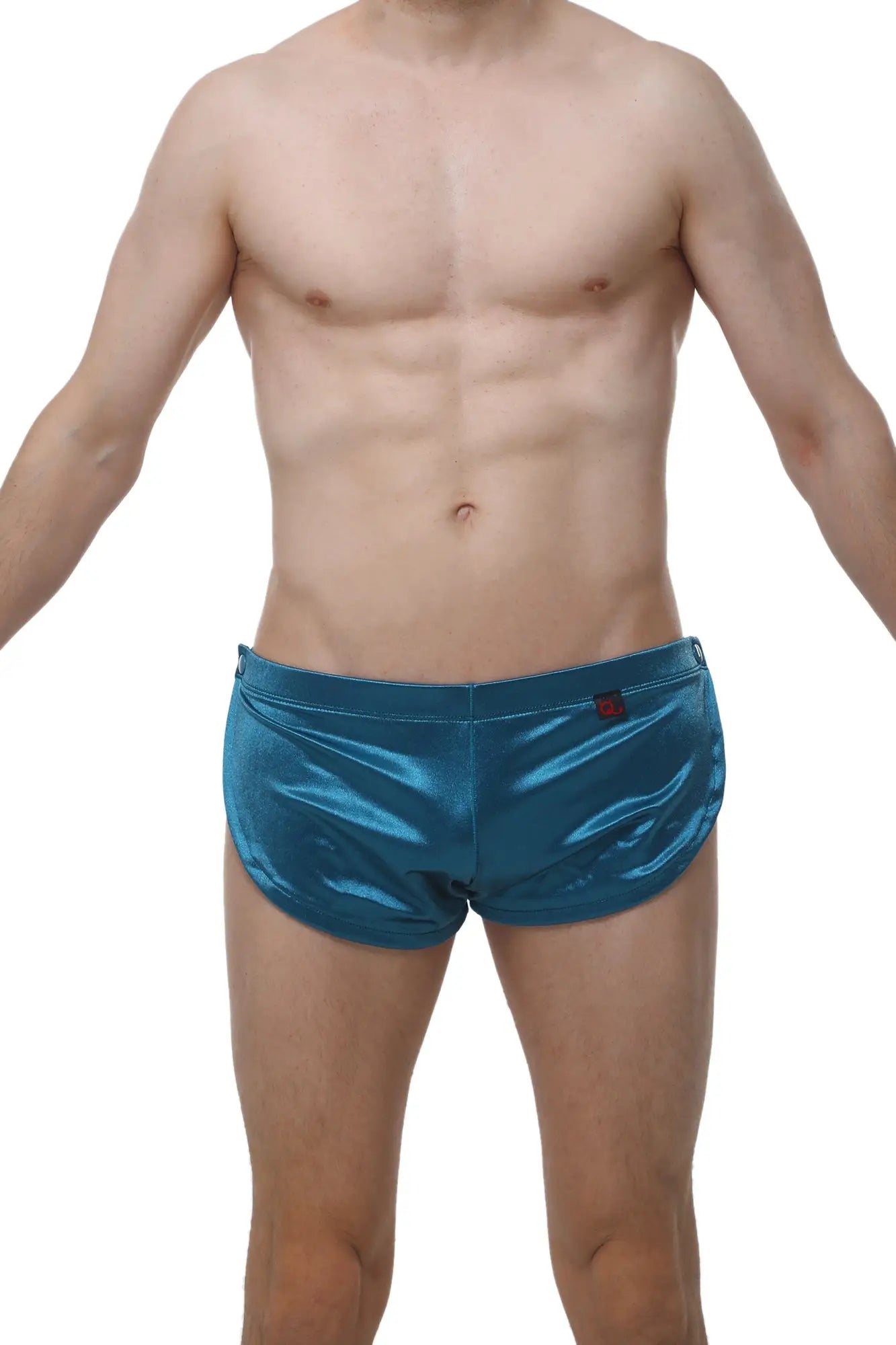 Shiny teal metallic swim trunks made of satin in petitq shorts snap satin teal design