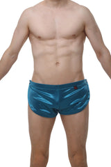 Shiny teal metallic swim trunks made of satin in petitq shorts snap satin teal design