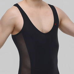 Petitq singlet atchy black athletic tank top with sheer mesh side panels and small red logo on upper right chest