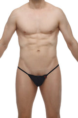 Black thong with thin straps and a small red logo on the front from PetitQ Slingshot Herat Black collection