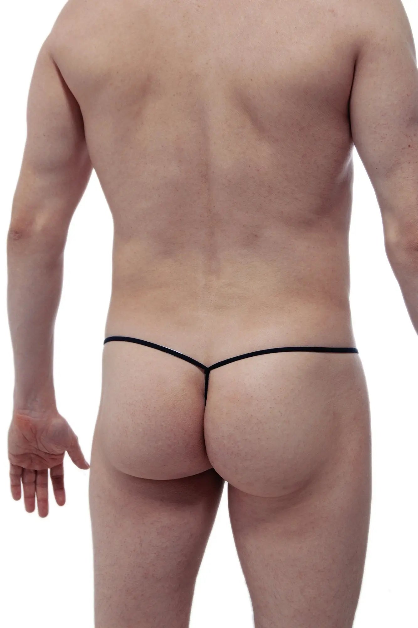 Black petitq string c-ring thong with thin sleek design shown from the back side
