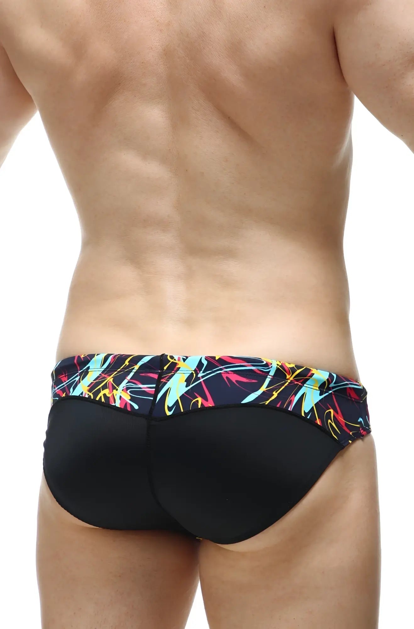 Black swim trunks petitq swim bikini lecci conca with pad featuring vibrant neon blue yellow red abstract waistband