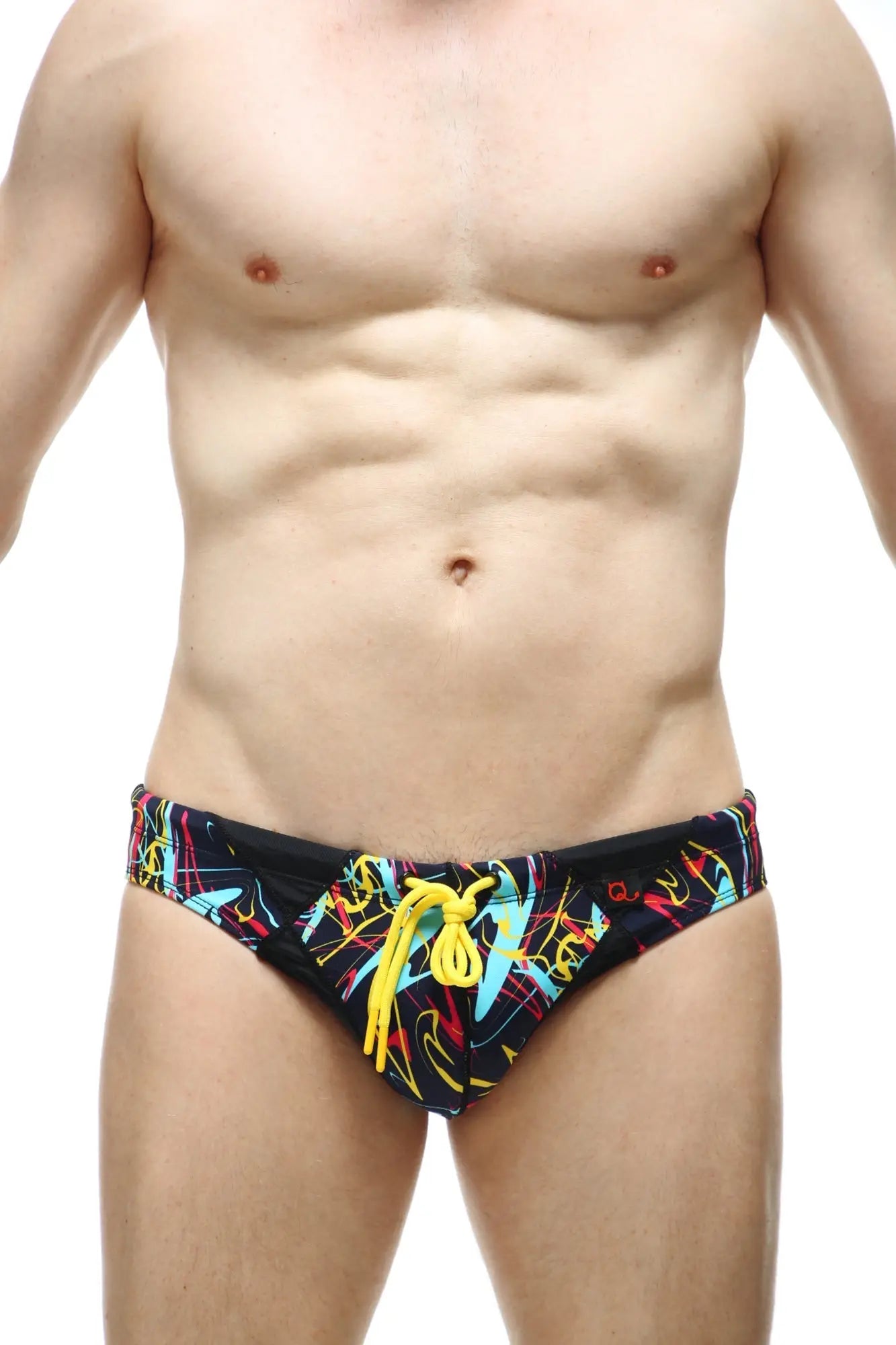 PetitQ swim bikini Lecci Conca with pad featuring black swim trunks with vibrant neon yellow blue pink graffiti and bright yellow drawstrings