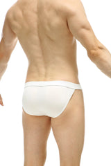 White form-fitting seamless briefs made from organic bamboo shown from the back in the tanga sillas organic bamboo white line