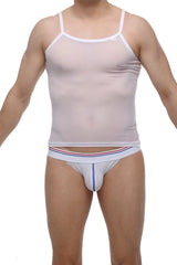 White sheer tank top petitq with thin straps and subtle logo on upper left side in lightweight breathable fabric