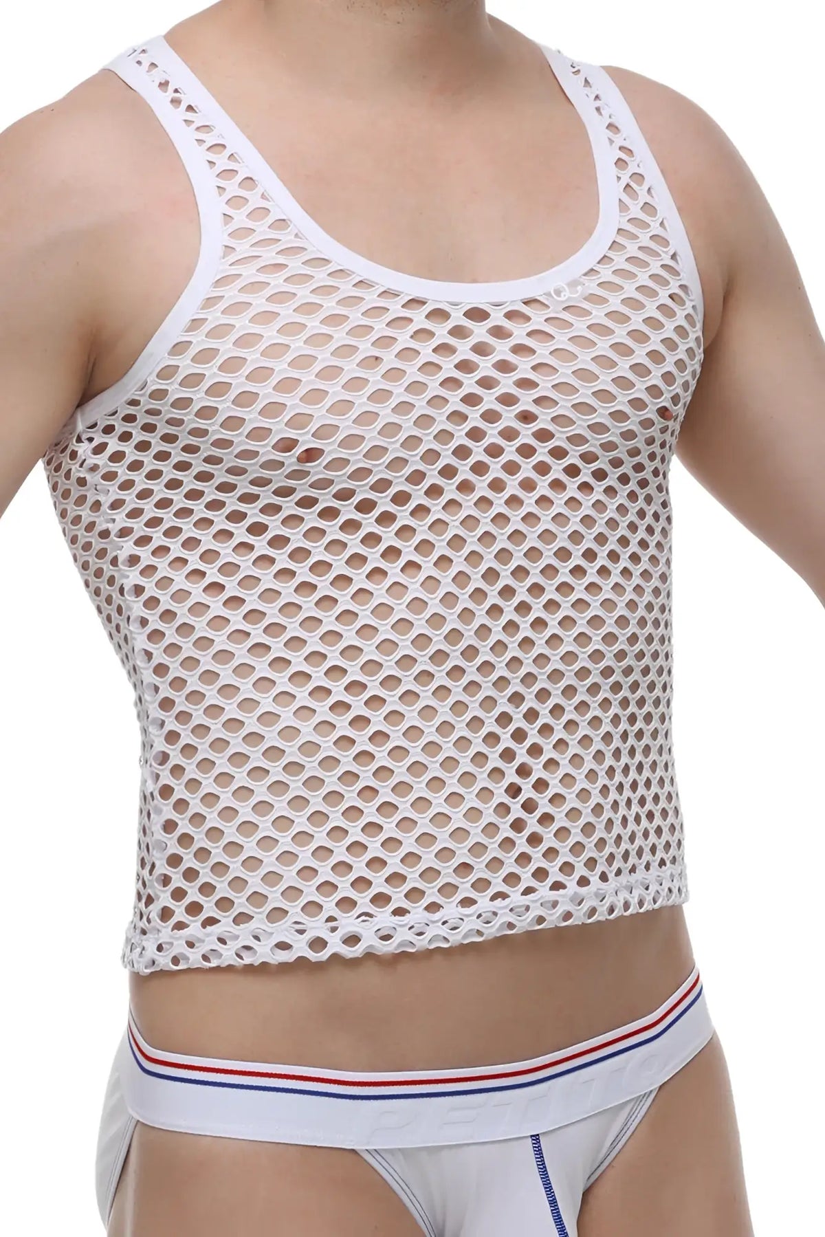 White mesh tank top petitq with scoop neckline and adjustable shoulder straps made from breathable fabric