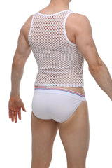 White mesh tank top petitq with subtle pattern and trim details for breathable stylish wear