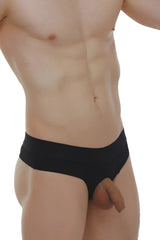 Petitq thong anjouin black smooth form-fitting briefs with narrow waistband in black shown from the back side