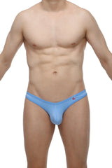 Petitq thong auzas cornflower light blue form-fitting men’s briefs with smooth stretchy fabric and red logo waistband