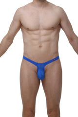 Bright blue PetitQ thong for men made of smooth stretchy material with a small logo on the waistband