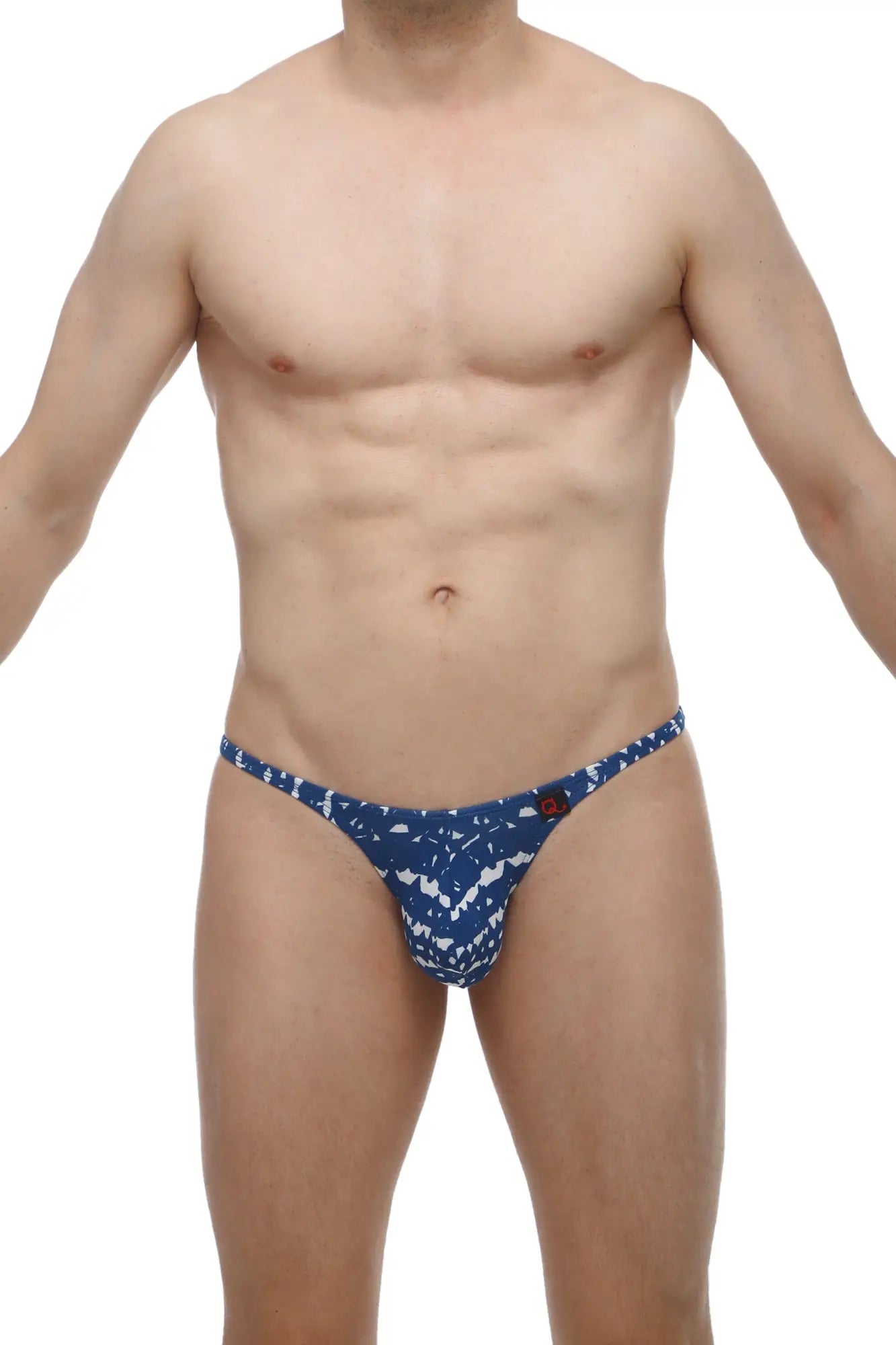 PetitQ thong Bram new denim men’s blue and white patterned cotton thong with a small red button detail on the side