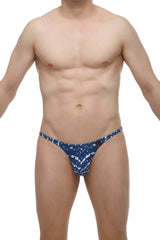 PetitQ thong Bram new denim men’s blue and white patterned cotton thong with a small red button detail on the side