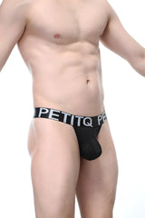 Black mesh men’s briefs with a white petitq logo band from petitq thong cellieux bee black collection