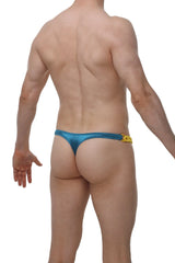 Petitq thong chains satin teal blue metallic thong with yellow chain detail on waistband front view