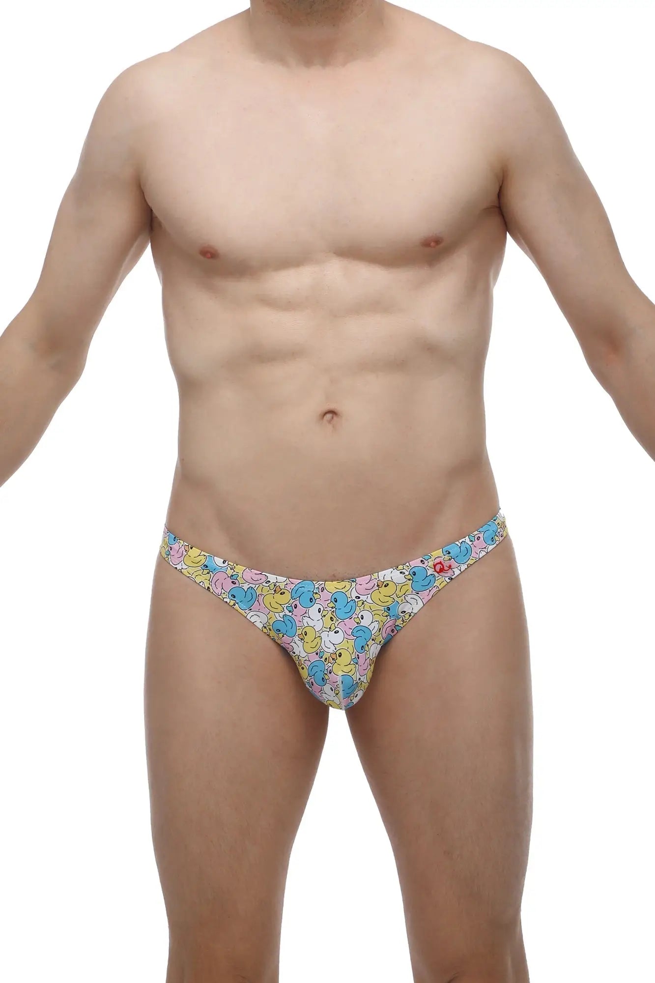 Colorful cartoon duck-patterned men’s thong petitq thong chill duckies in stretchy lightweight fabric front view