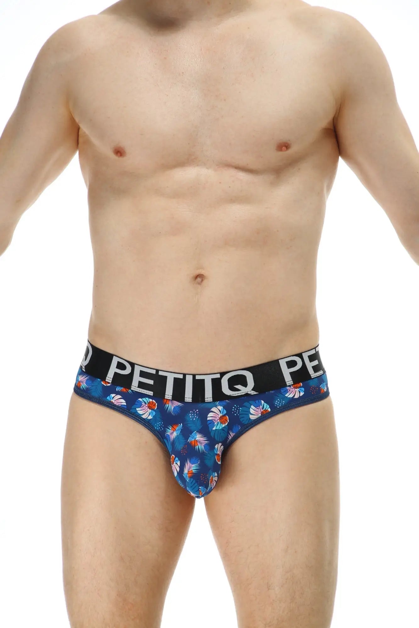 Petitq thong chill méditerranée arteou blue floral men’s briefs with black waistband and white petitq logo