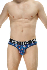 Petitq thong chill méditerranée arteou blue floral men’s briefs with black waistband and white petitq logo