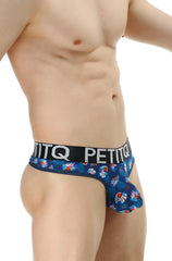 PetitQ thong chill méditerranée arteou blue floral patterned men’s briefs with black elastic waistband and white logo