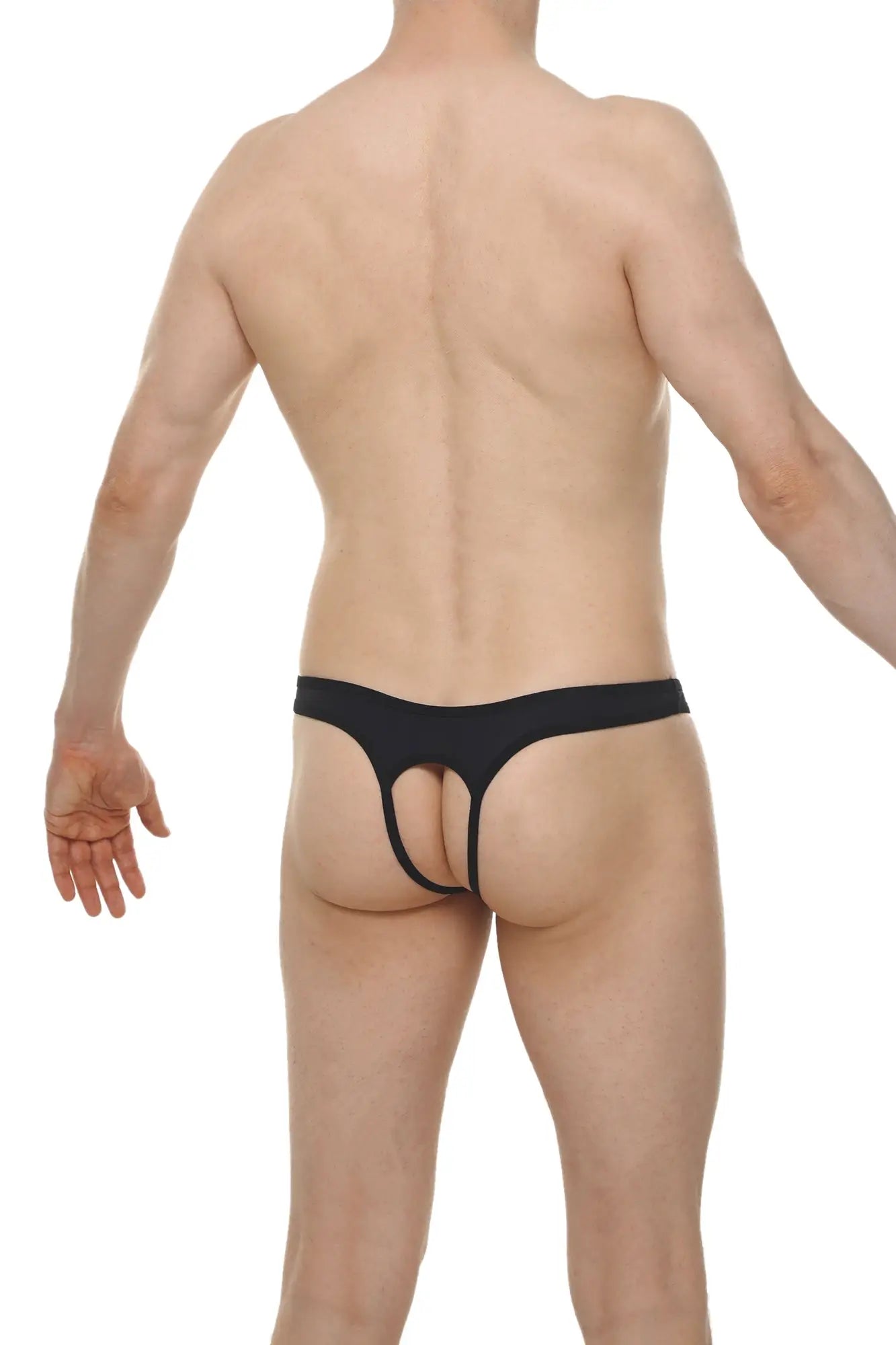 Black thong with a narrow waistband and central cutout from the thong cuens plum black collection