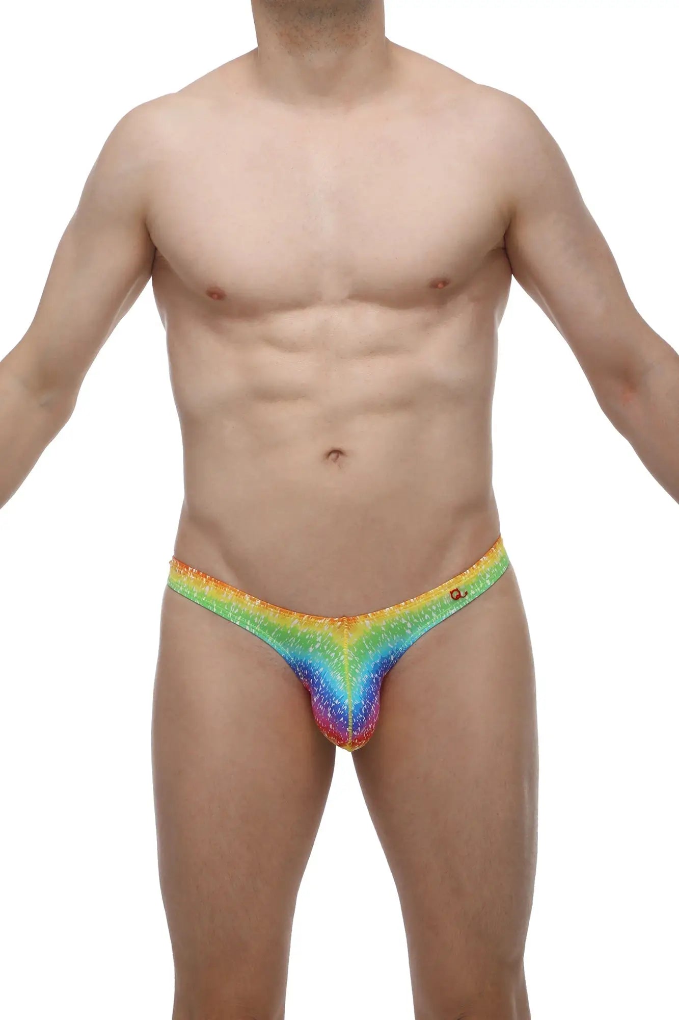 PetitQ thong dome rainbow rainbow glitter thong with vibrant iridescent finish and snug fit shown from the back side
