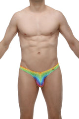 PetitQ thong dome rainbow rainbow glitter thong with vibrant iridescent finish and snug fit shown from the back side