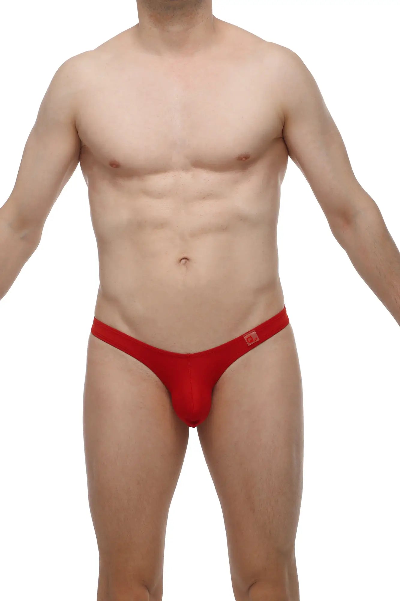 Petitq thong dome red mens briefs with snug form-fitting design and small logo on waistband