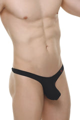 Black form-fitting thong dome skine with a small red logo on the waistband shown from the back side