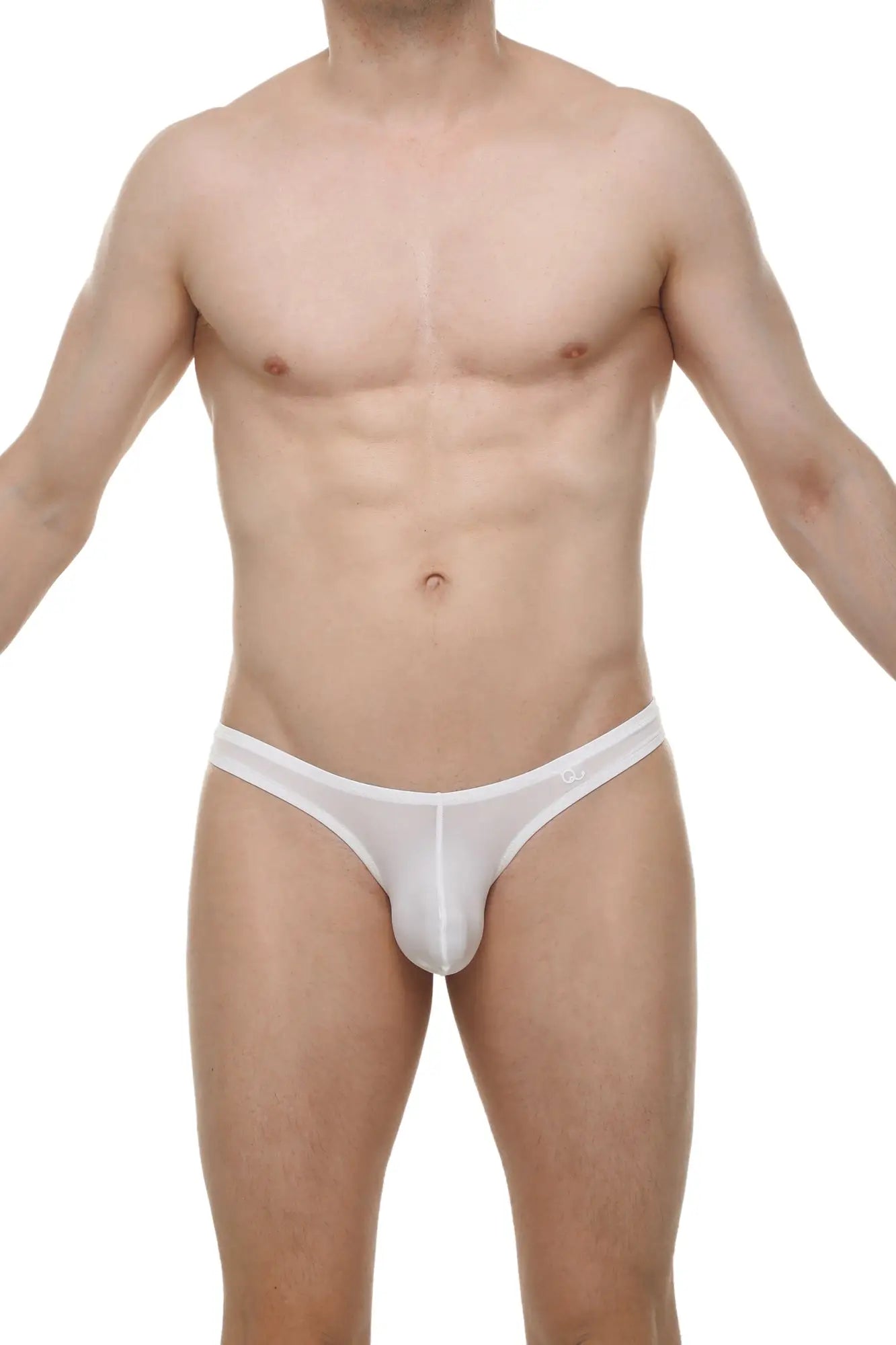 White men’s thong dome skine white made of smooth stretchy fabric with a subtle logo on the waistband