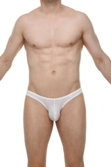 White men’s thong dome skine white made of smooth stretchy fabric with a subtle logo on the waistband