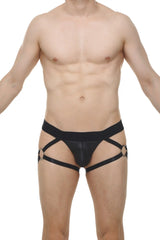 Black leather-like strappy harness briefs thong fleac black with metallic rings at the leg openings